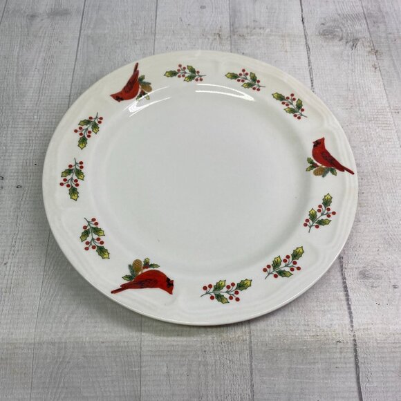 70s Gibson WINTER BIRDS Red Cardinal Holly Oven Safe Ceramic Dinner Plates Set 4 - Picture 4 of 16